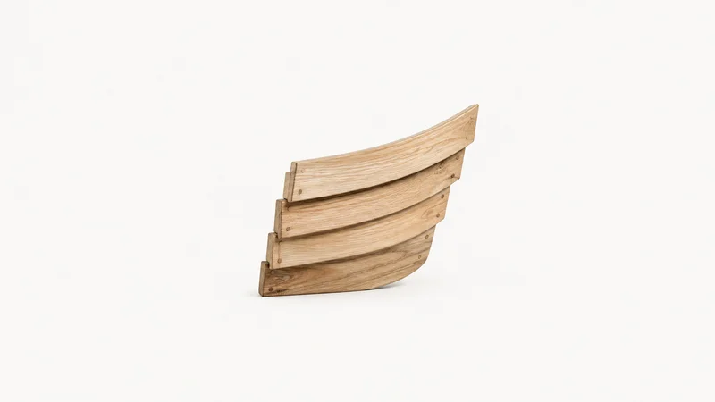 Abstract a lapped clinker-plank stack stepping diagonally across the frame motif centred on a seamless pale off-white studio background, generous empty margin for overlaid branding