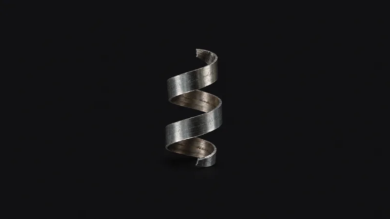 Abstract a spiralling helix of coiled machining swarf catching a highlight motif centred on a seamless deep charcoal near-black studio background, generous empty margin for overlaid branding