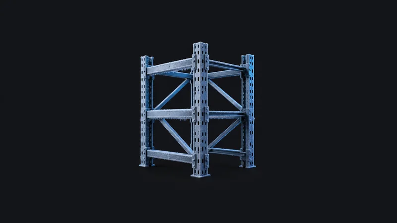 Abstract a lattice of frosted pallet-rack beams under deep blue cold-store light motif centred on a seamless deep charcoal near-black studio background, generous empty margin for overlaid branding