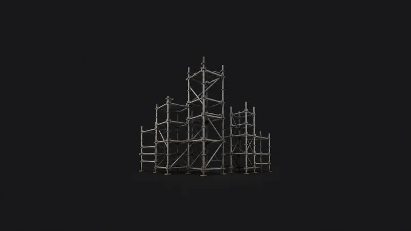 Abstract a skyline of scaffold-tube silhouettes in perspective motif centred on a seamless deep charcoal near-black studio background, generous empty margin for overlaid branding