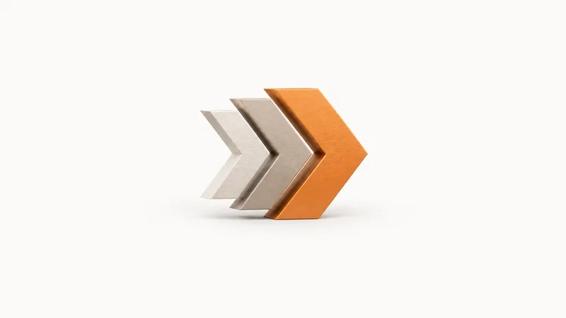 Abstract a sequence of nested chevron arrows sweeping left to right motif centred on a seamless pale off-white studio background, generous empty margin for overlaid branding