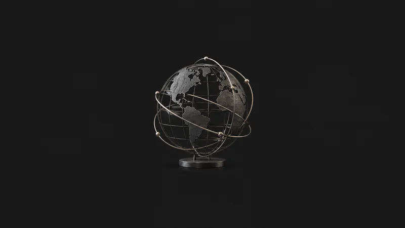 Abstract a globe outline wrapped in curving freight-route arcs motif centred on a seamless deep charcoal near-black studio background, generous empty margin for overlaid branding