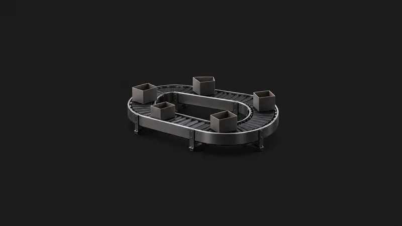 Abstract a conveyor ribbon looping through the frame carrying box outlines motif centred on a seamless deep charcoal near-black studio background, generous empty margin for overlaid branding