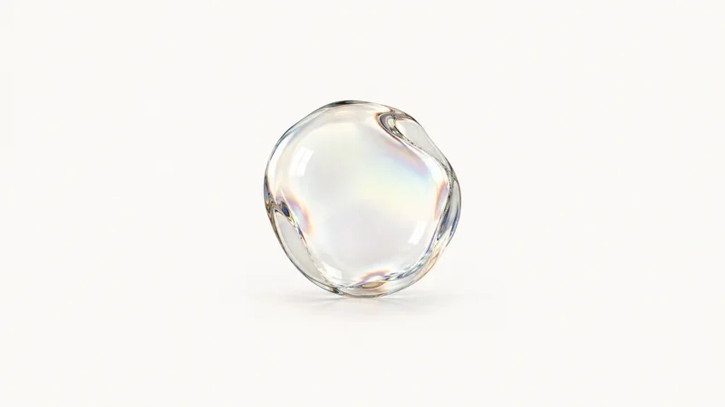 Abstract a translucent bubble of glass refracting a soft spectrum motif centred on a seamless pale off-white studio background, generous empty margin for overlaid branding