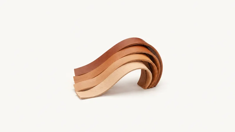 Abstract a stack of leather strips fanned into a curve of graded tan tones motif centred on a seamless pale off-white studio background, generous empty margin for overlaid branding