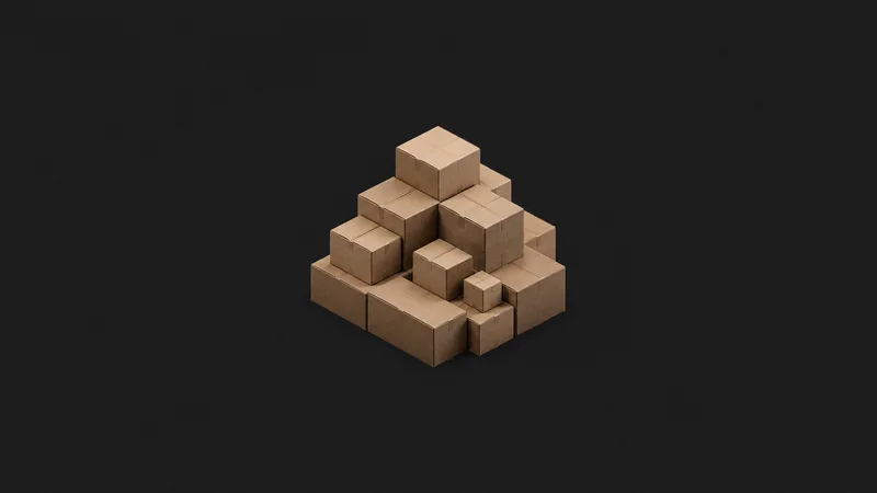 Abstract an isometric grid of shipping-carton outlines rising in tiers motif centred on a seamless deep charcoal near-black studio background, generous empty margin for overlaid branding