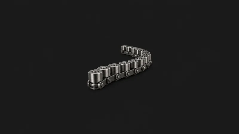 Abstract a conveyor ribbon of identical metal parts receding in perspective motif centred on a seamless deep charcoal near-black studio background, generous empty margin for overlaid branding