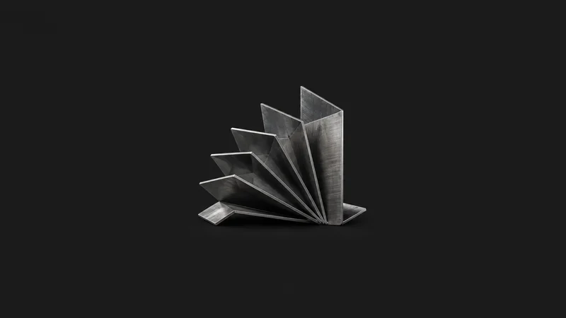 Abstract a fan of folded sheet-metal angles in graduated bends motif centred on a seamless deep charcoal near-black studio background, generous empty margin for overlaid branding