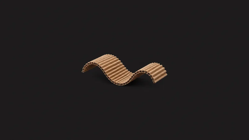 Abstract a wave of parallel kraft flutes in raking light motif centred on a seamless deep charcoal near-black studio background, generous empty margin for overlaid branding