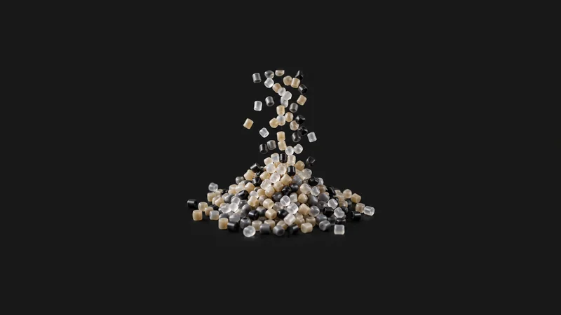 Abstract a cascade of coloured polymer pellets pooling together motif centred on a seamless deep charcoal near-black studio background, generous empty margin for overlaid branding