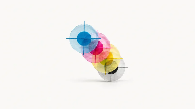 Abstract a cascade of registration crosshairs in offset colours motif centred on a seamless pale off-white studio background, generous empty margin for overlaid branding