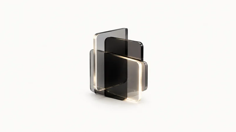 Abstract a glow of backlit acrylic edges in a dark field motif centred on a seamless pale off-white studio background, generous empty margin for overlaid branding