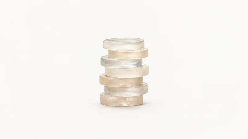 Abstract a column of stacked coins rendered as frosted discs motif centred on a seamless pale off-white studio background, generous empty margin for overlaid branding