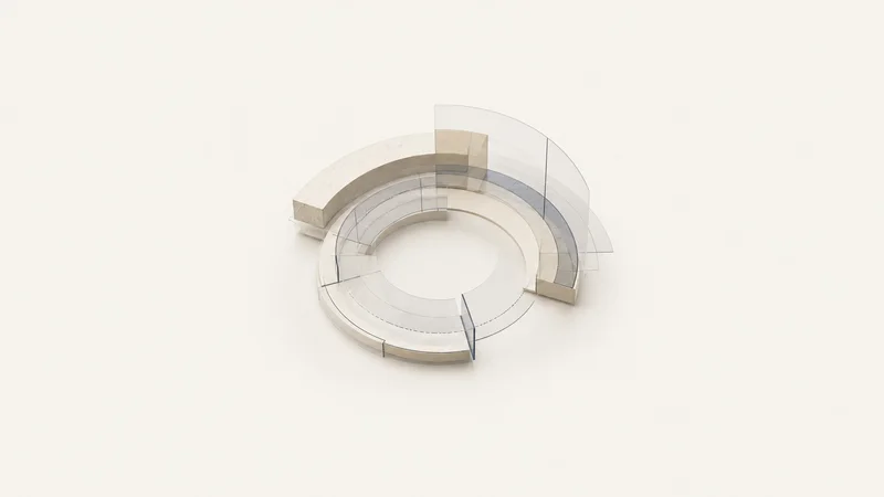 Abstract concentric arcs of a drafted plan floating in layers motif centred on a seamless pale off-white studio background, generous empty margin for overlaid branding
