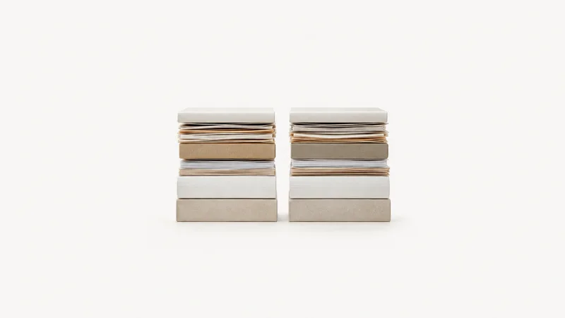 Abstract a balance of two soft-lit stacks rising to the same height motif centred on a seamless pale off-white studio background, generous empty margin for overlaid branding