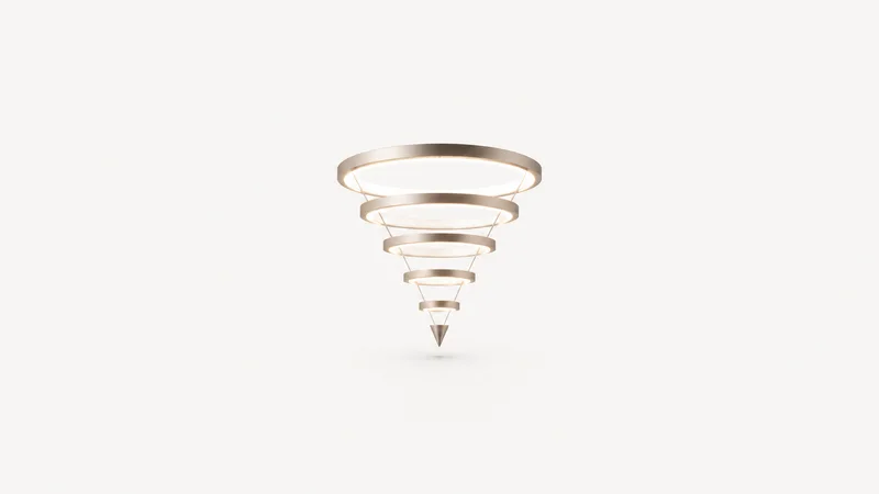 Abstract a funnel of narrowing luminous rings tapering to a point motif centred on a seamless pale off-white studio background, generous empty margin for overlaid branding