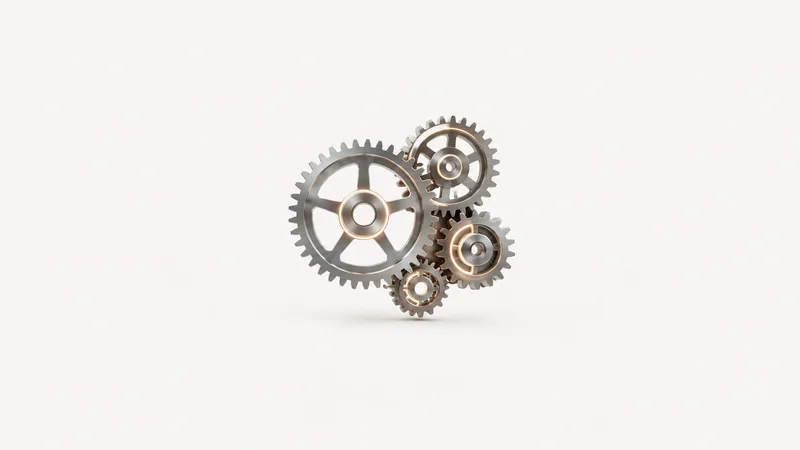 Abstract a set of interlocking gears drawn in fine lines of light motif centred on a seamless pale off-white studio background, generous empty margin for overlaid branding