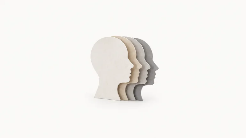 Abstract a stack of layered profile silhouettes fanned outward motif centred on a seamless pale off-white studio background, generous empty margin for overlaid branding