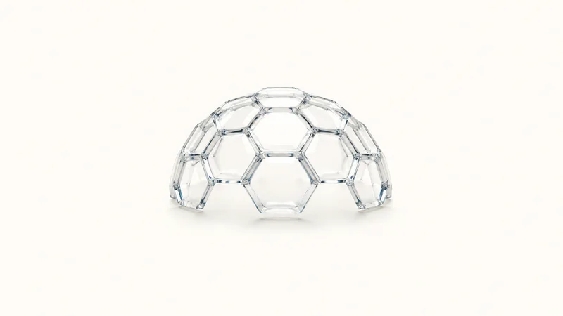 Abstract a lattice of glass hexagons forming a protective dome motif centred on a seamless pale off-white studio background, generous empty margin for overlaid branding