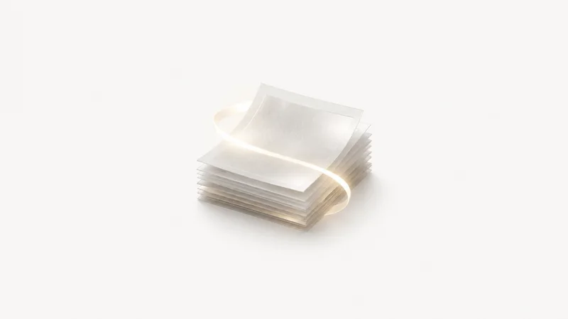 Abstract a stack of frosted certificate-like sheets with a ribbon of light motif centred on a seamless pale off-white studio background, generous empty margin for overlaid branding