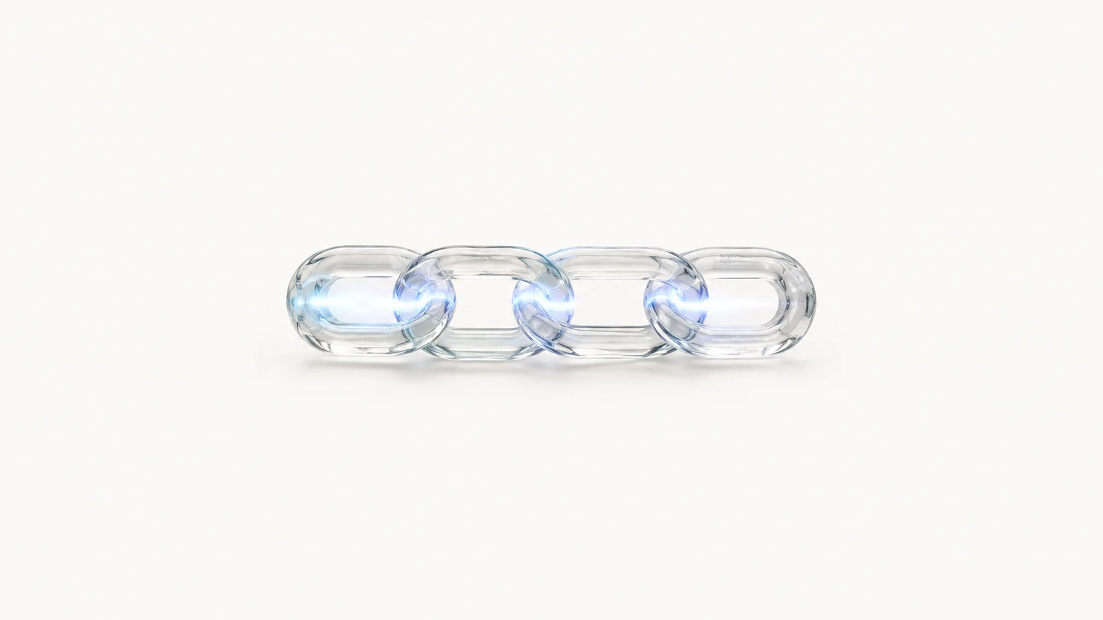 Abstract a steady pulse of light travelling down a chain of translucent links motif centred on a seamless pale off-white studio background, generous empty margin for overlaid branding