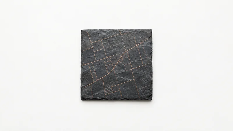 Abstract a grid of parcel boundaries etched in copper on a slate plate motif centred on a seamless pale off-white studio background, generous empty margin for overlaid branding
