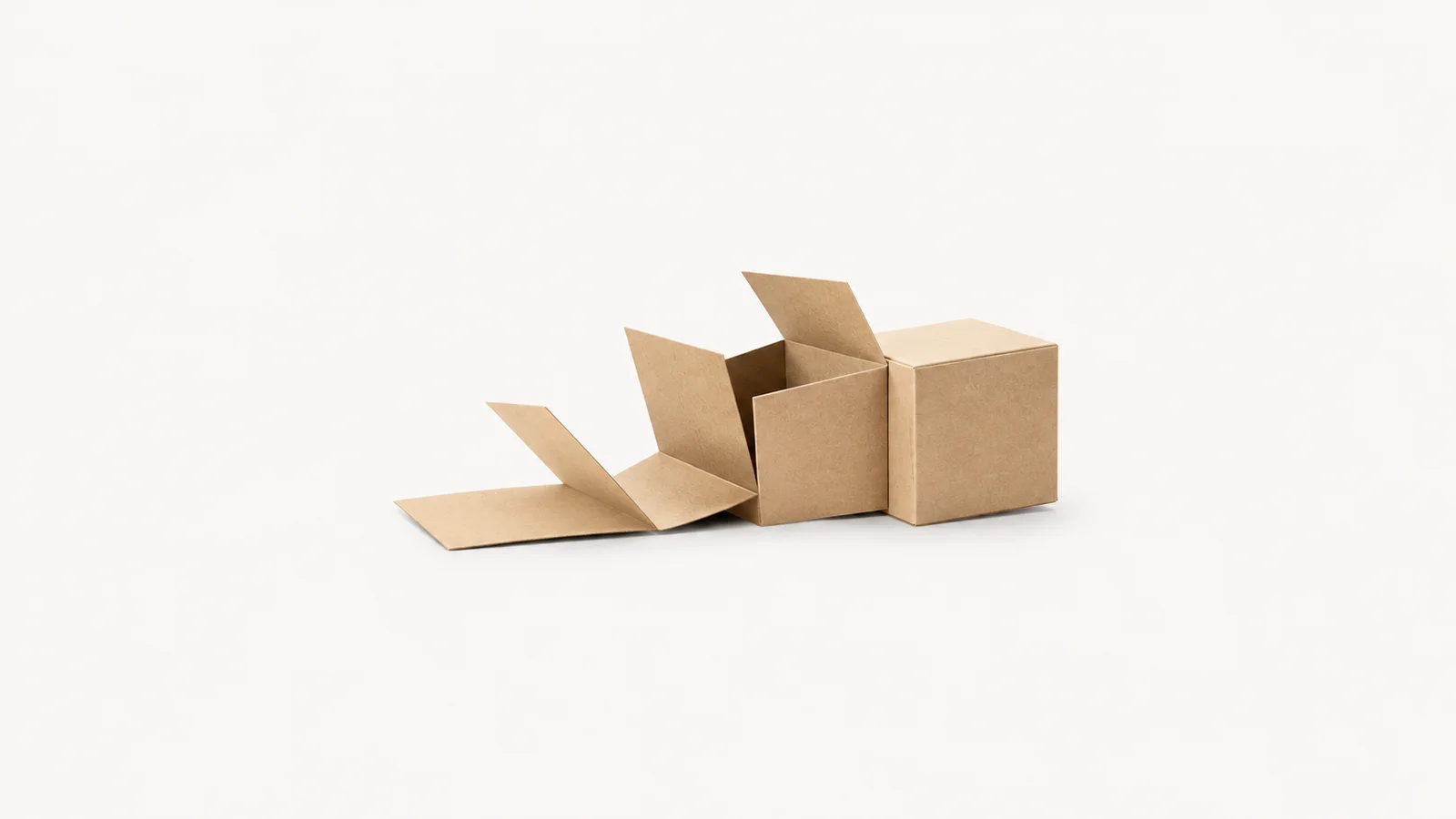 Abstract a flat-packed box unfolding into a solid cube in stages motif centred on a seamless pale off-white studio background, generous empty margin for overlaid branding