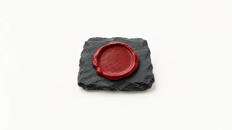 Abstract a red wax disc cooling on a slab of dark slate motif centred on a seamless pale off-white studio background, generous empty margin for overlaid branding