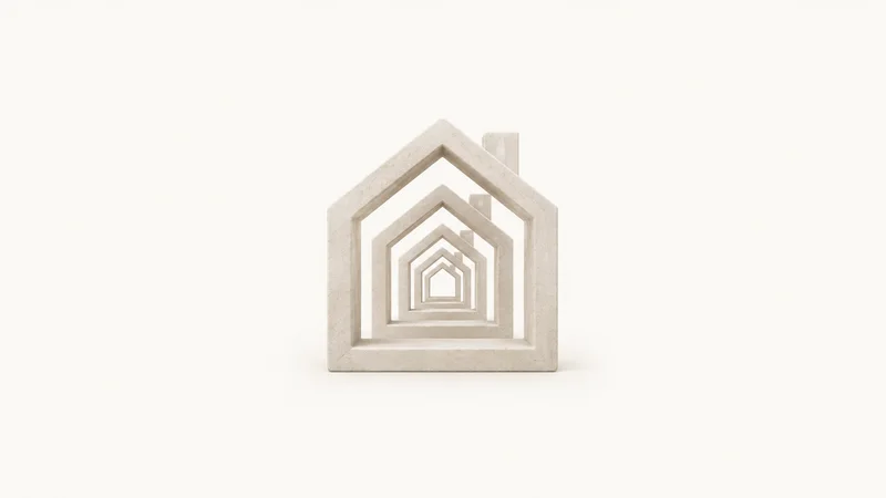 Abstract a nested set of house silhouettes shrinking to a central point motif centred on a seamless pale off-white studio background, generous empty margin for overlaid branding