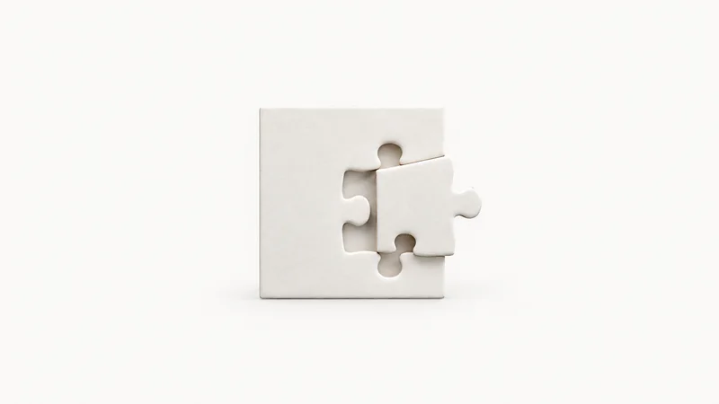 Abstract a jigsaw piece slotting into a gap in a plain white panel motif centred on a seamless pale off-white studio background, generous empty margin for overlaid branding