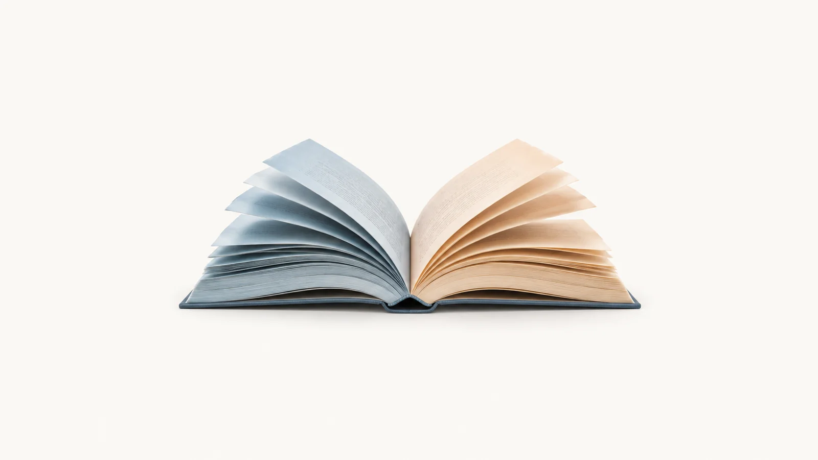 Abstract an open book whose pages diverge into two coloured halves motif centred on a seamless pale off-white studio background, generous empty margin for overlaid branding