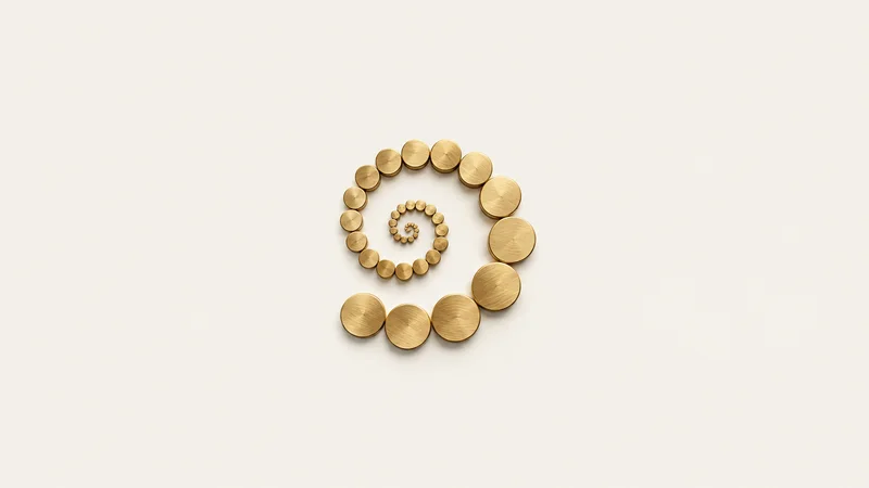 Abstract a compounding spiral of gold discs growing outward motif centred on a seamless pale off-white studio background, generous empty margin for overlaid branding