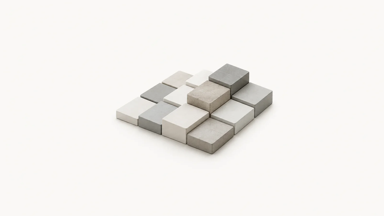Abstract an interlocking grid of matte tiles lifting in sequence like a lesson plan motif centred on a seamless pale off-white studio background, generous empty margin for overlaid branding