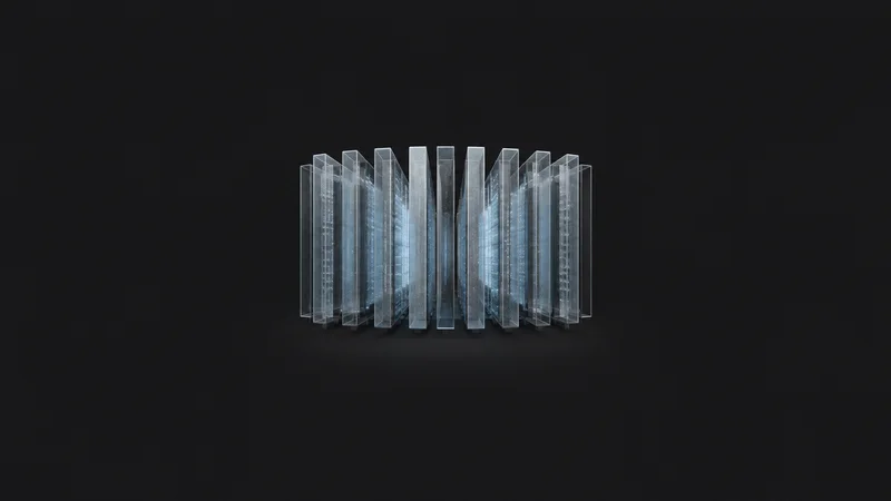 Abstract rows of translucent blade-like slabs receding into a cool haze motif centred on a seamless deep charcoal near-black studio background, generous empty margin for overlaid branding