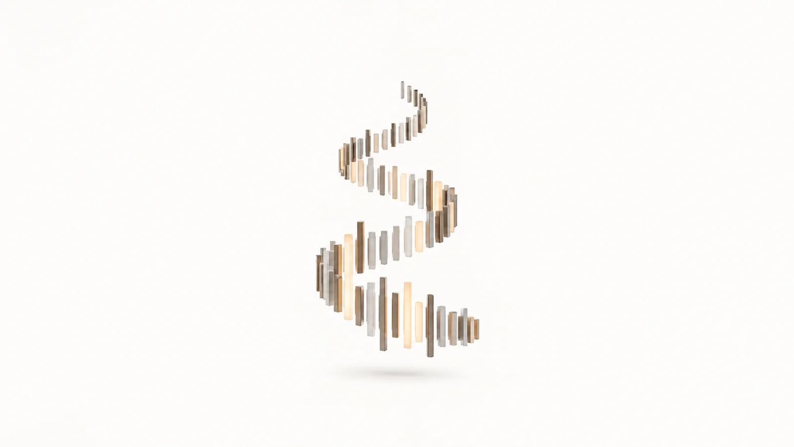 Abstract a spiral of floating audio-level segments climbing upward motif centred on a seamless pale off-white studio background, generous empty margin for overlaid branding