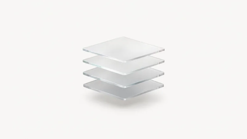 Abstract a stack of thin frosted panes lifting apart like software layers motif centred on a seamless pale off-white studio background, generous empty margin for overlaid branding