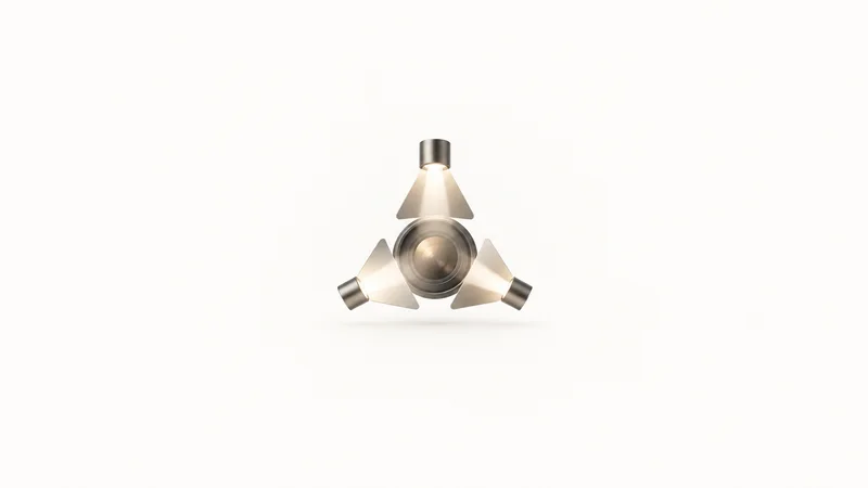 Abstract a trio of overlapping light cones converging on a centre motif centred on a seamless pale off-white studio background, generous empty margin for overlaid branding