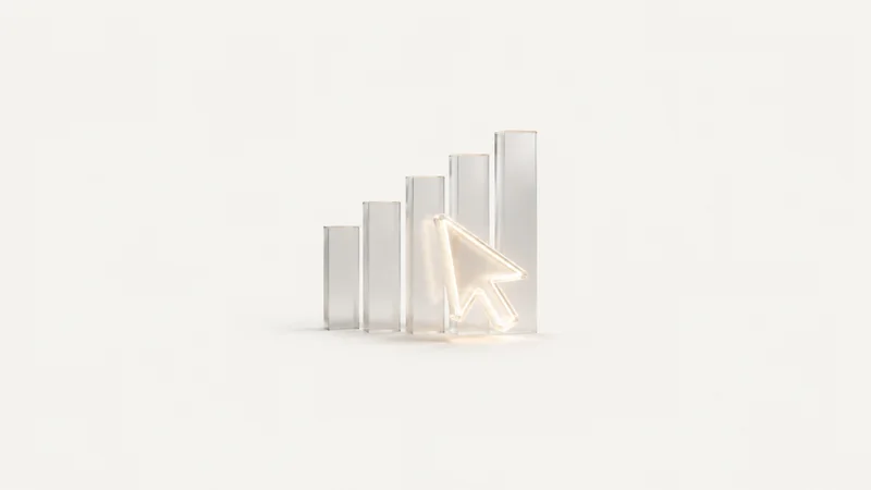 Abstract a cursor-like arrow of light gliding across ruled columns motif centred on a seamless pale off-white studio background, generous empty margin for overlaid branding