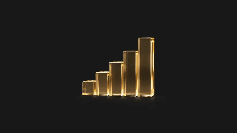 Abstract a rising stepped bar field of translucent gold slabs motif centred on a seamless deep charcoal near-black studio background, generous empty margin for overlaid branding