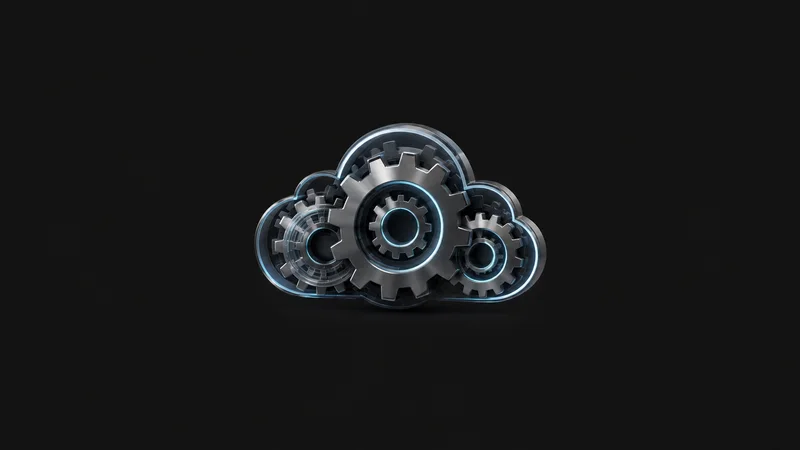 Abstract nested rotating gears rendered as luminous outlines motif centred on a seamless deep charcoal near-black studio background, generous empty margin for overlaid branding
