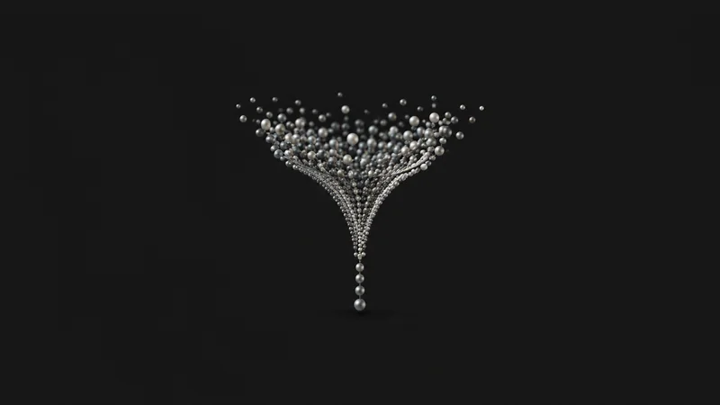 Abstract a funnel of flowing dots narrowing to a single stream motif centred on a seamless deep charcoal near-black studio background, generous empty margin for overlaid branding