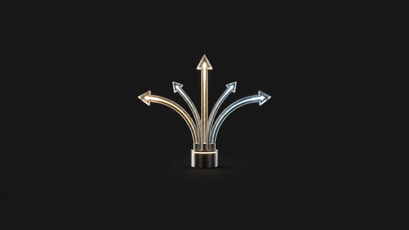 Abstract branching arrows of light fanning from a single origin motif centred on a seamless deep charcoal near-black studio background, generous empty margin for overlaid branding