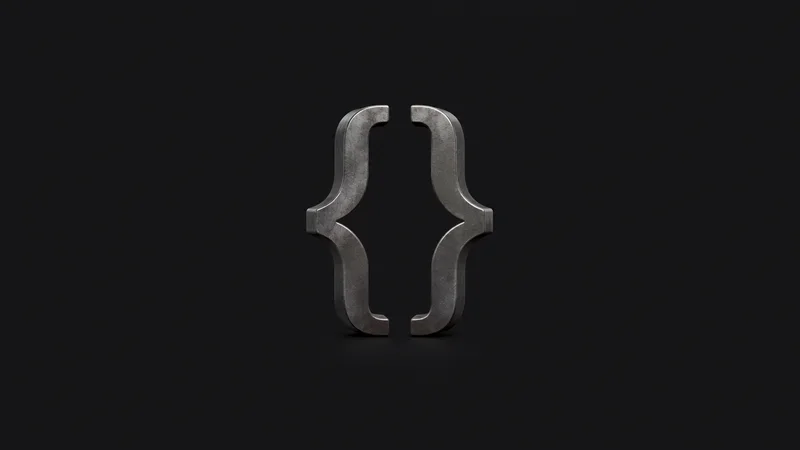 Abstract a curly-brace geometry mirrored into a symmetrical form motif centred on a seamless deep charcoal near-black studio background, generous empty margin for overlaid branding