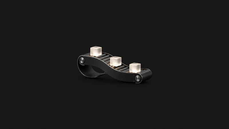 Abstract a flowing conveyor ribbon of luminous cubes motif centred on a seamless deep charcoal near-black studio background, generous empty margin for overlaid branding