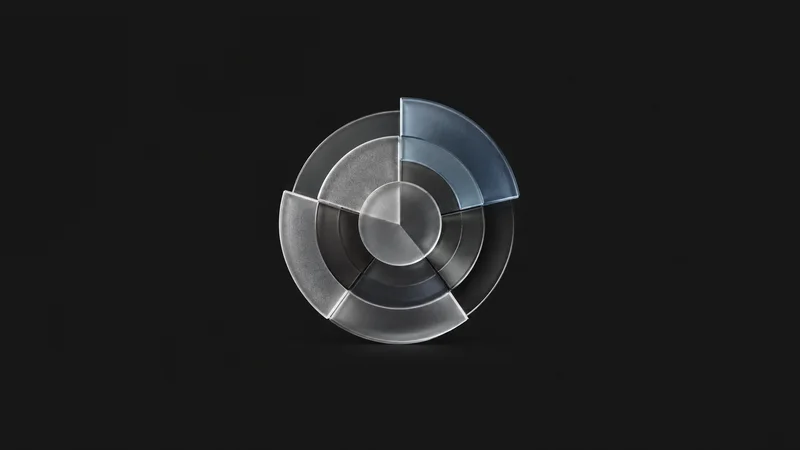 Abstract concentric arcs of translucent pie-slice wedges motif centred on a seamless deep charcoal near-black studio background, generous empty margin for overlaid branding
