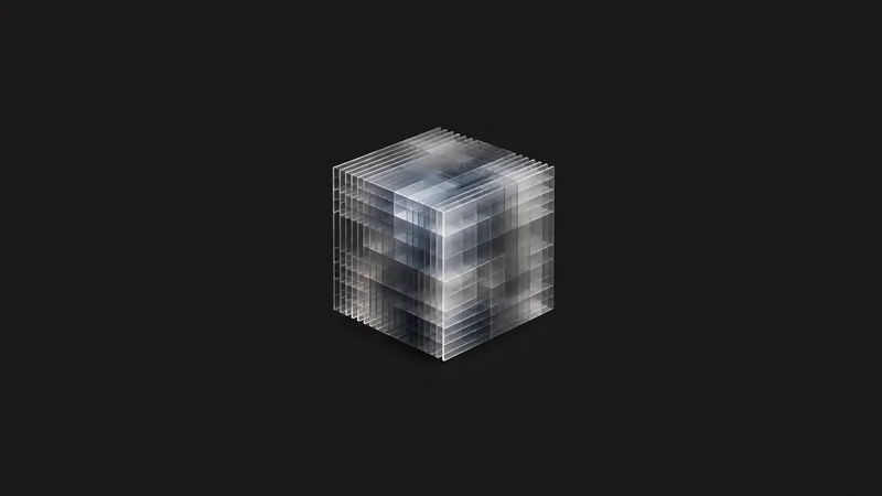 Abstract a cube of stacked translucent tensor slices motif centred on a seamless deep charcoal near-black studio background, generous empty margin for overlaid branding