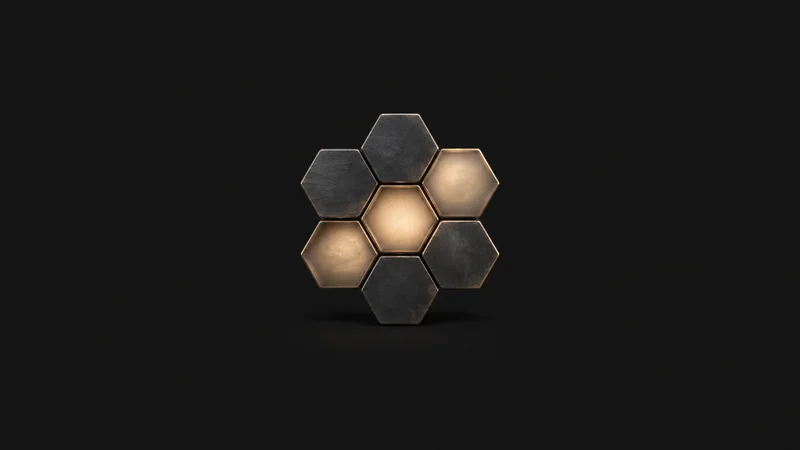 Abstract a honeycomb of soft-lit hexagonal cells with a few cells brighter than the rest motif centred on a seamless deep charcoal near-black studio background, generous empty margin for overlaid branding