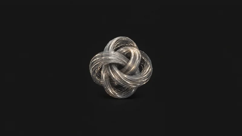 Abstract a woven mesh of glowing clause lines converging on a single knot motif centred on a seamless deep charcoal near-black studio background, generous empty margin for overlaid branding