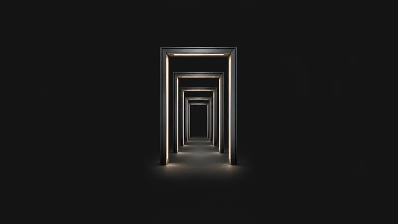 Abstract a lattice of glowing door frames arranged in a receding corridor motif centred on a seamless deep charcoal near-black studio background, generous empty margin for overlaid branding