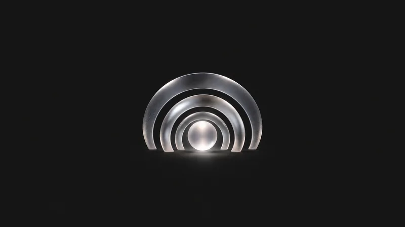 Abstract nested protective arcs of soft light layered around a central glow motif centred on a seamless deep charcoal near-black studio background, generous empty margin for overlaid branding